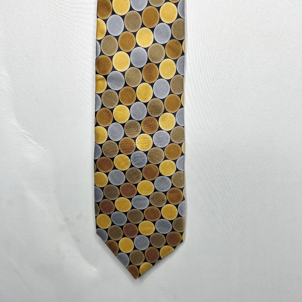 Stafford Men’s Necktie 3 ¾” Gold Gray Beige Geometric Dot Circles Tie USA